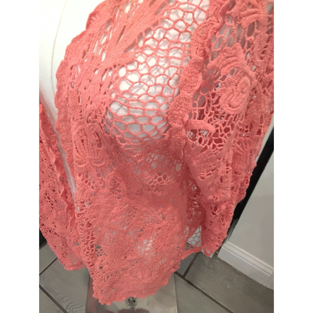 Fever Coral Pink Floral Crochet Lace Open Front Cardigan XL Cotton Boho Layering - Picture 4 of 7